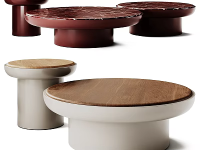 Modern Round Dining Tables With Wooden And Marble Tops And Brown White Bases 3d model