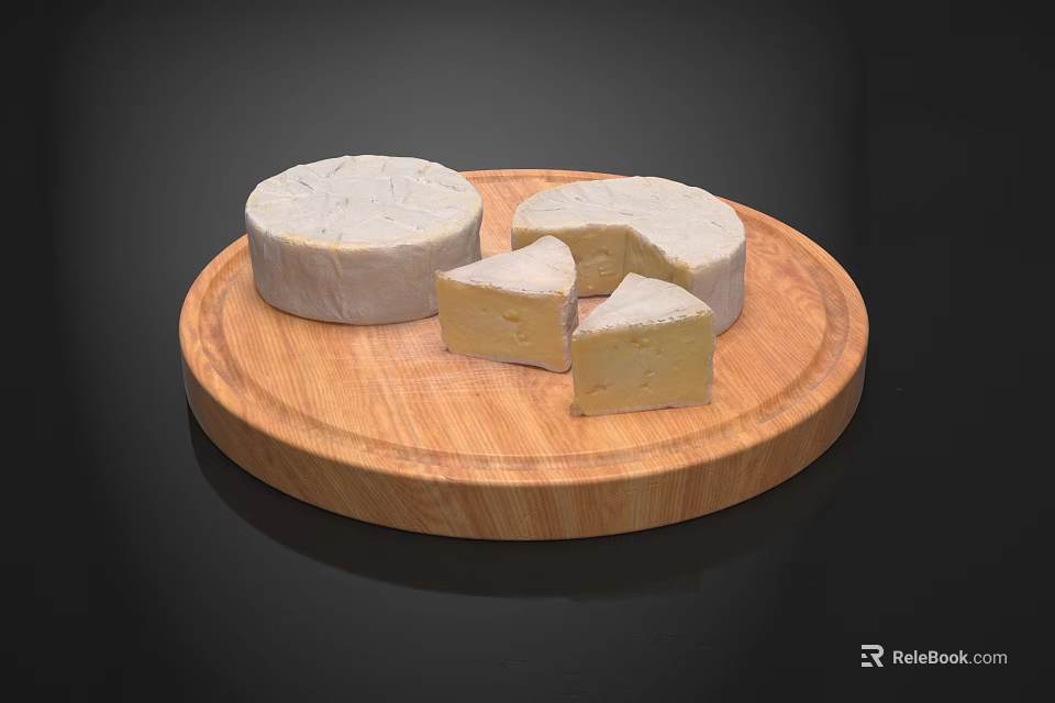 Whole Cheese Wheel With White Mold Rind And Sliced Pieces On Round Wooden Board 3d model 