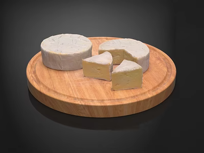 Whole Cheese Wheel With White Mold Rind And Sliced Pieces On Round Wooden Board 3d model