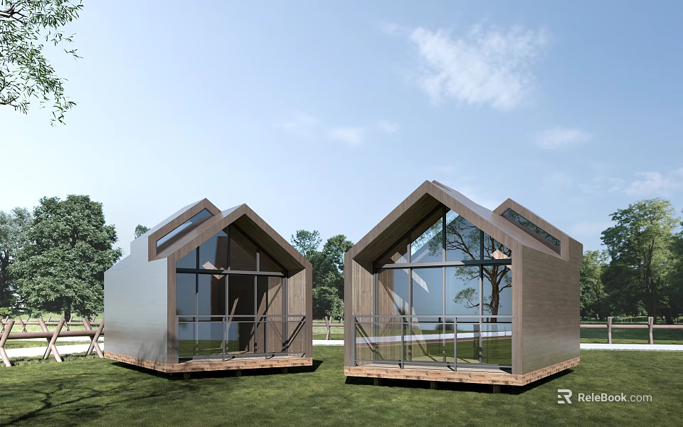 Modern Guesthouse Buildings With Wooden Glass Structure Sharp Rooftop Surrounded By Green Grass And Trees 3d model 