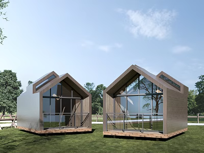 Modern Guesthouse Buildings With Wooden Glass Structure Sharp Rooftop Surrounded By Green Grass And Trees 3d model