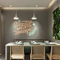 Prairie Themed Restaurant Interior With Green Plant Wall Dining Table Wicker Chairs And Pendant Lights