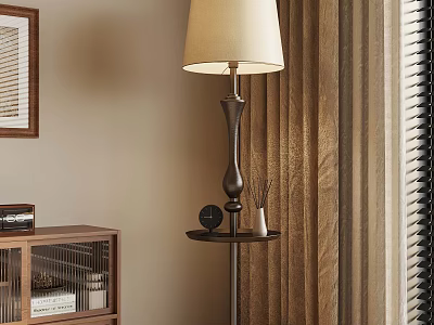 Modern Floor Lamp With Beige Shade In Interior With Wooden Cabinet And Curtains 3d model