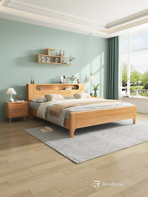 Wooden Minimalist Natural Double Bed Bedroom Interior With Nightstand Shelf Green Curtains And Sunlight 3d model 