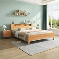 Wooden Minimalist Natural Double Bed Bedroom Interior With Nightstand Shelf Green Curtains And Sunlight