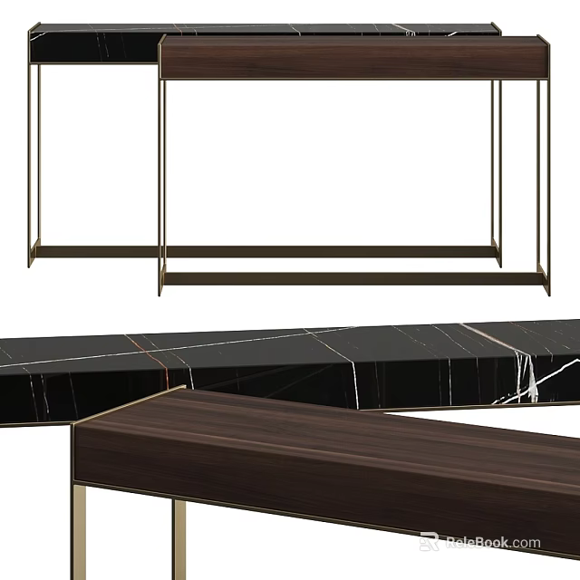 Modern Functional Desk With Black Marble Top Dark Wood Surface And Metal Frame 3d model 