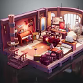 Cartoon Room Scene With Purple Pink Interior Vintage Piano Wooden Desk And Cozy Sofa
