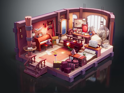 Cartoon Room Scene With Purple Pink Interior Vintage Piano Wooden Desk And Cozy Sofa 3d model