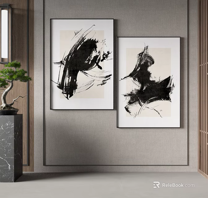 Black And White Abstract Paintings Hanging On Textured Wall With Potted Plant Decor 3d model 