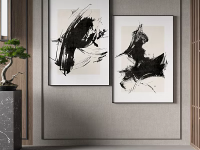 Black And White Abstract Paintings Hanging On Textured Wall With Potted Plant Decor 3d model