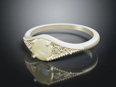 Elegant Silver Women's Ring With Oval Gemstone And Intricate Filigree Design 3d model