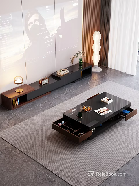 Modern Black Coffee Table In Living Room With Open Drawers And Fruits Magazines On Top 3d model 
