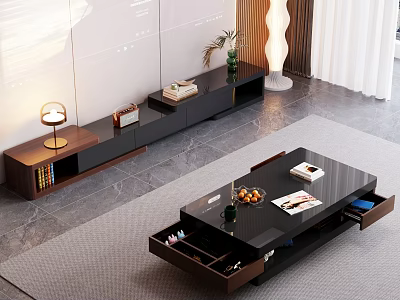 Modern Black Coffee Table In Living Room With Open Drawers And Fruits Magazines On Top 3d model