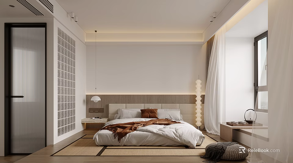 Modern Bedroom Interior with Bed Headboard Pillows Blanket Nightstand Pendant Light and Curtains 3d model 
