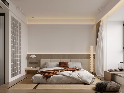 Modern Bedroom Interior with Bed Headboard Pillows Blanket Nightstand Pendant Light and Curtains 3d model