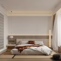 Modern Bedroom Interior with Bed Headboard Pillows Blanket Nightstand Pendant Light and Curtains