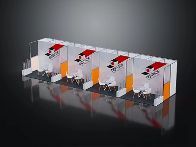 Modern Tea House Layout With Transparent Booths White Tables And Red Signage 3d model