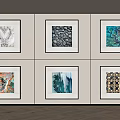 Six Framed Art Paintings Wall Display In Modern Interior With Herringbone Floor