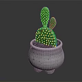 Green Cactus Plant with Yellow Dots in White Pot with Black Spots and Three Feet