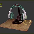 White And Black Headphones On Black Stand With Wooden Platform And Cable
