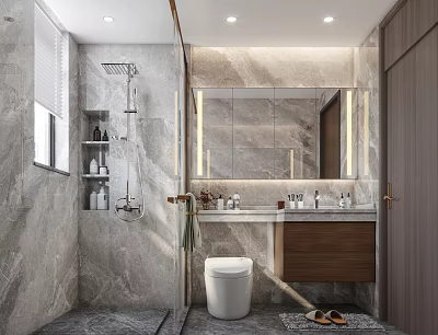 Modern Bathroom Interior Design With Marble Walls Floors Wooden Vanity Toilet Mirror And Shower Lighting 3d model