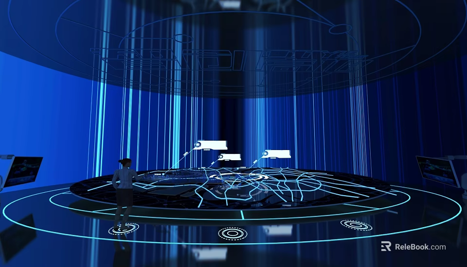 Futuristic Tech Exhibition Space With Circular Platform Intricate White Patterns And Blue Background 3d model