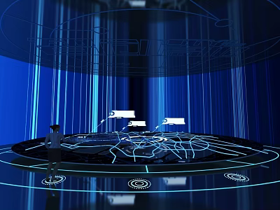 Futuristic Tech Exhibition Space With Circular Platform Intricate White Patterns And Blue Background 3d model