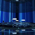 Futuristic Tech Exhibition Space With Circular Platform Intricate White Patterns And Blue Background 3d model
