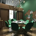Modern Hot Pot Restaurant Interior Featuring Green Seats Dining Tables Hanging Lamps And Wine Rack