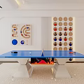 Blue Ping Pong Table as Indoor Sports Equipment with Racket Balls and Decorative Wall Panels