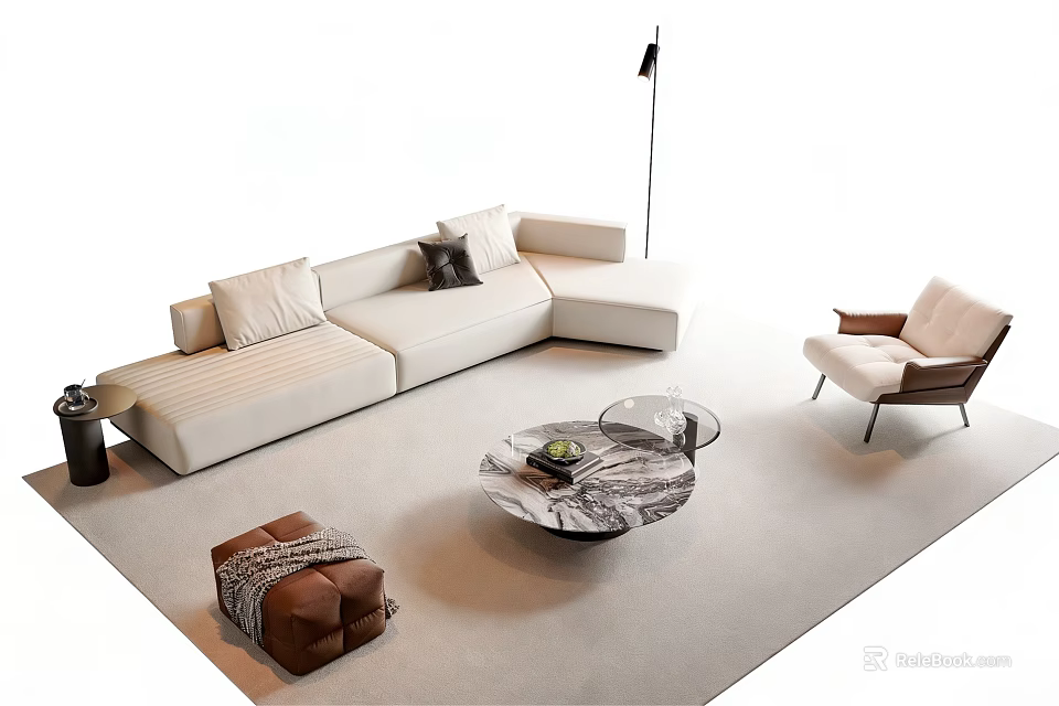 Elegant Modern L Shaped Sofa And Round Coffee Table Set With Marble Top Accent Chair 3d model 