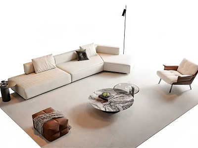 Elegant Modern L Shaped Sofa And Round Coffee Table Set With Marble Top Accent Chair 3d model