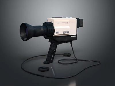 Vintage Digital Video Camera Featuring Large Lens White And Black Body Cable And Stand 3d model