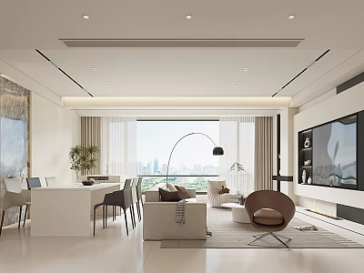 Modern Living Dining Room Interior With Sofa Dining Table Chairs And Floor To Ceiling Windows 3d model