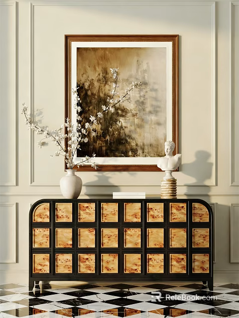 Elegant Entryway Console Table With Decorative Panels Vase Sculpture And Wall Painting 3d model 
