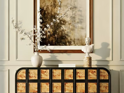 Elegant Entryway Console Table With Decorative Panels Vase Sculpture And Wall Painting 3d model