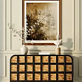 Elegant Entryway Console Table With Decorative Panels Vase Sculpture And Wall Painting