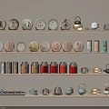 Traditional Tea Set Collection on Wooden Shelves with Teapots Cups and Storage Jars