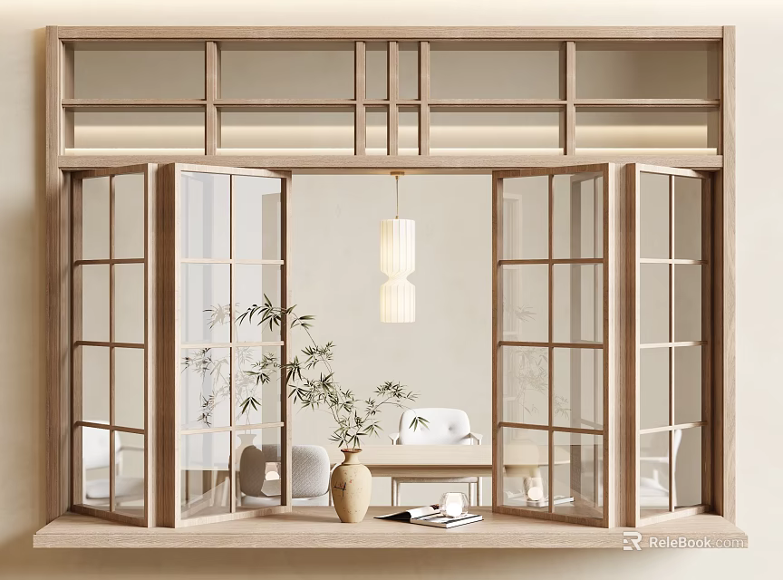 Open Wooden Frame Window With Vase Plant Books On Windowsill And Indoor Sofa View 3d model 