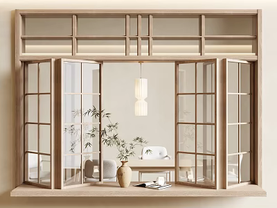 Open Wooden Frame Window With Vase Plant Books On Windowsill And Indoor Sofa View 3d model