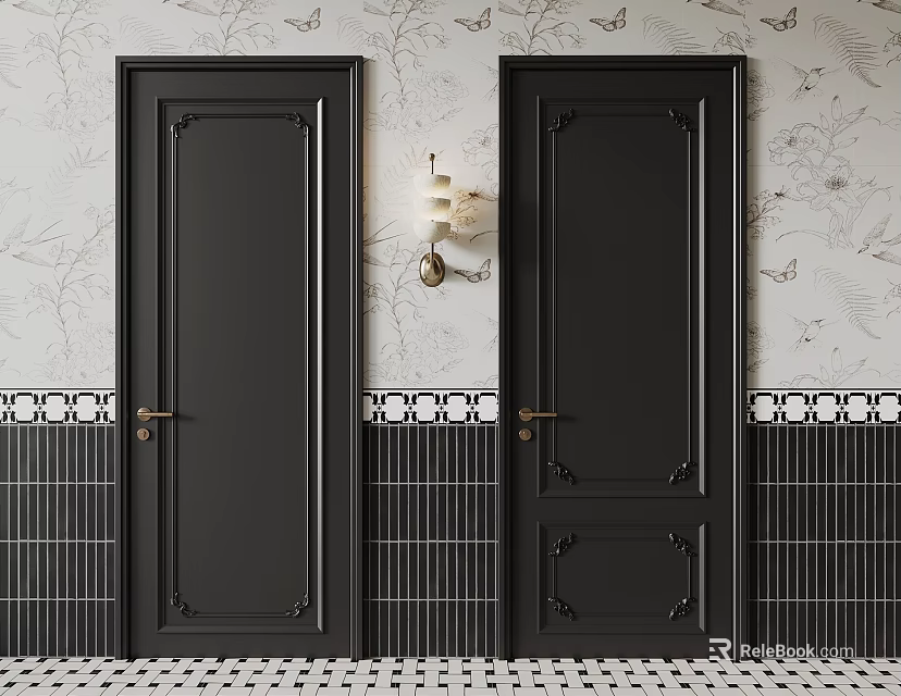 Stylish Black Doors With Decorative Frames Golden Handles Floral Wallpaper And Black Tiles 3d model 