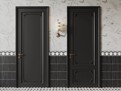 Stylish Black Doors With Decorative Frames Golden Handles Floral Wallpaper And Black Tiles 3d model