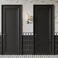 Stylish Black Doors With Decorative Frames Golden Handles Floral Wallpaper And Black Tiles