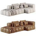 Modern Beige Sectional Sofa With Plush Brown Pillows And Soft Blanket 3d model