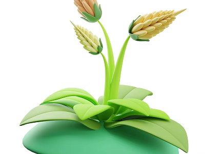 Vibrant 3D Rendered Flower Plant With Green Leaves Yellow Buds Stems On Green Base 3d model
