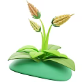 Vibrant 3D Rendered Flower Plant With Green Leaves Yellow Buds Stems On Green Base
