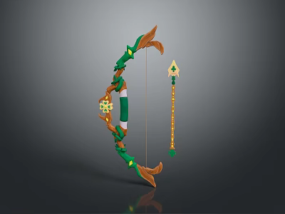 Fantasy Style Green Brown Bow Weapon With Glowing Decorative Elements And Golden Arrow 3d model