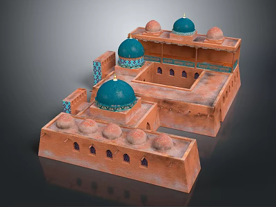 Traditional Style Residential Building With Blue Domes Earthen Yellow Walls And Arched Windows 3d model