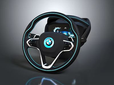 BMW Car Steering Wheel with Illuminated Blue Accents and Multifunctional Control Features 3d model