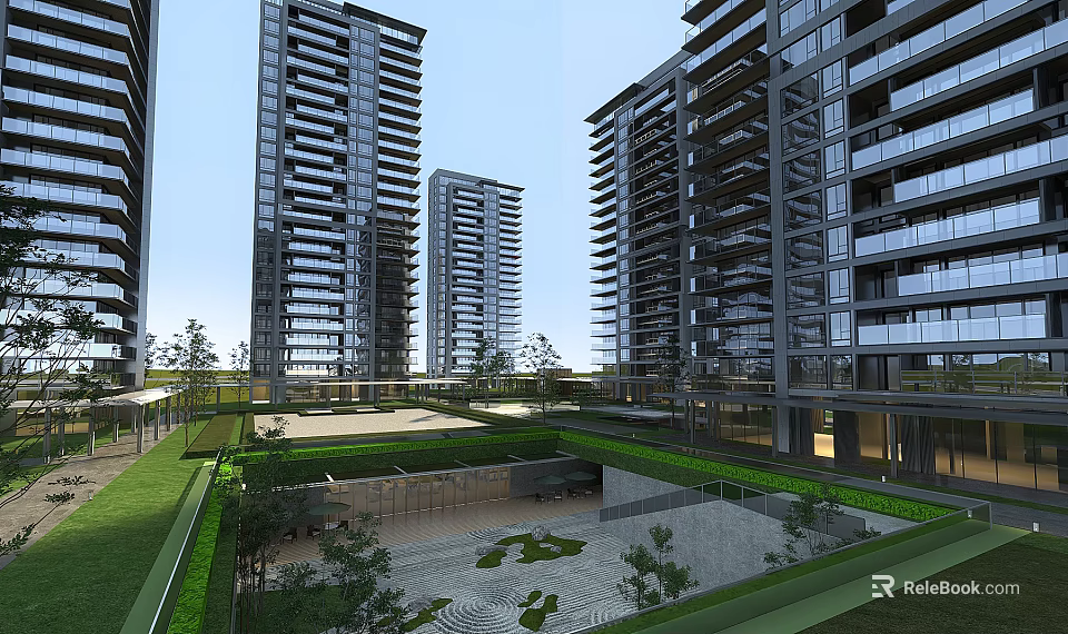 Modern High-Rise Residential Buildings In Community With Landscaped Greenery And Courtyard 3d model 
